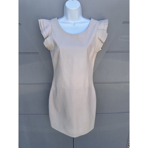 HOTEL PARTICULIER 100% Leather Bodycon Dress Ruffle Sleeves Minimalist Sz M - Picture 1 of 10